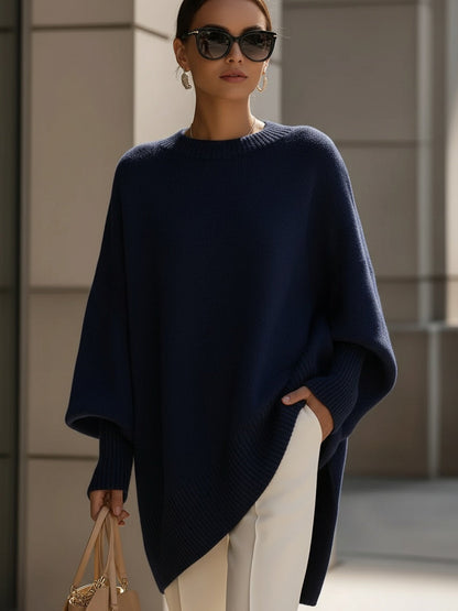 Comfortable Ribbed Trim Oversized Sweater for Women with Crew Neck Batwing Sleeve Asymmetric Hem Knit Style