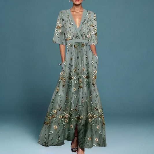 Elegant Floral Maxi Dress for Women with V Neck Half Sleeve Flowing A Line Formal Wedding Guest Style
