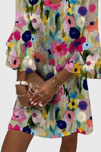 Elegant Multicolor Floral Mini Dress for Women with V Neck Flutter Sleeve Tiered Ruffle Flowing Style