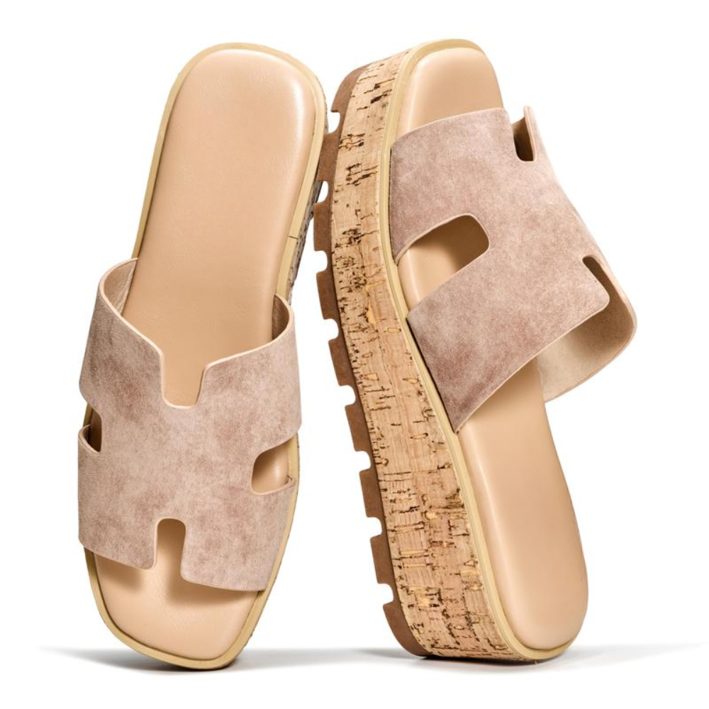 Comfortable Slide Sandals for Women with Cut Out Wide Strap Cork Platform Open Toe Style