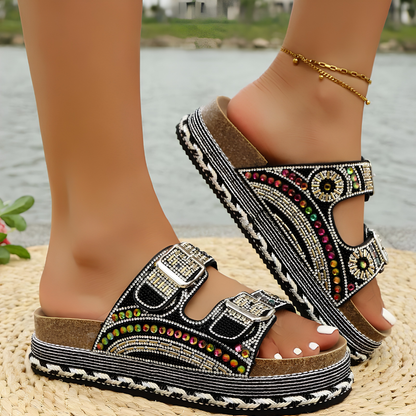 Comfortable Slide Sandals for Women with Printed Double Buckle Strap Platform Open Toe Style