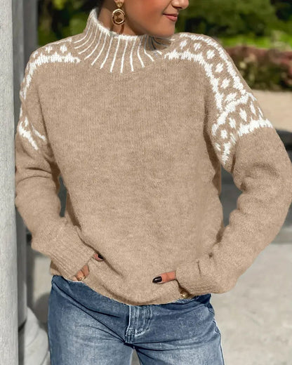 Comfortable Fair Isle Sweater for Women with Mock Neck Long Sleeve Oversized Knit Style
