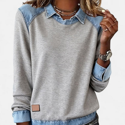 Effortless Denim Trim Sweatshirt for Women with Point Collar Long Sleeve Colorblock Casual Style
