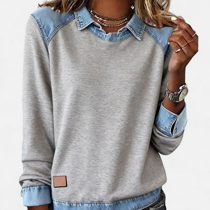 Effortless Denim Trim Sweatshirt for Women with Collar Long Sleeve Raglan Colorblock Casual Style