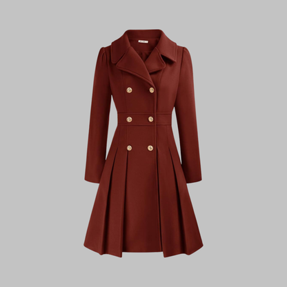 Elegant Wool Coat for Women with Notched Lapel Long Sleeve Double Breasted Pleated Flare Style