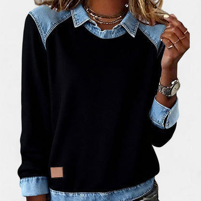 Effortless Denim Trim Sweatshirt for Women with Point Collar Long Sleeve Colorblock Casual Style