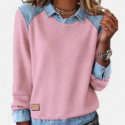 Effortless Denim Trim Sweatshirt for Women with Collar Long Sleeve Raglan Colorblock Casual Style