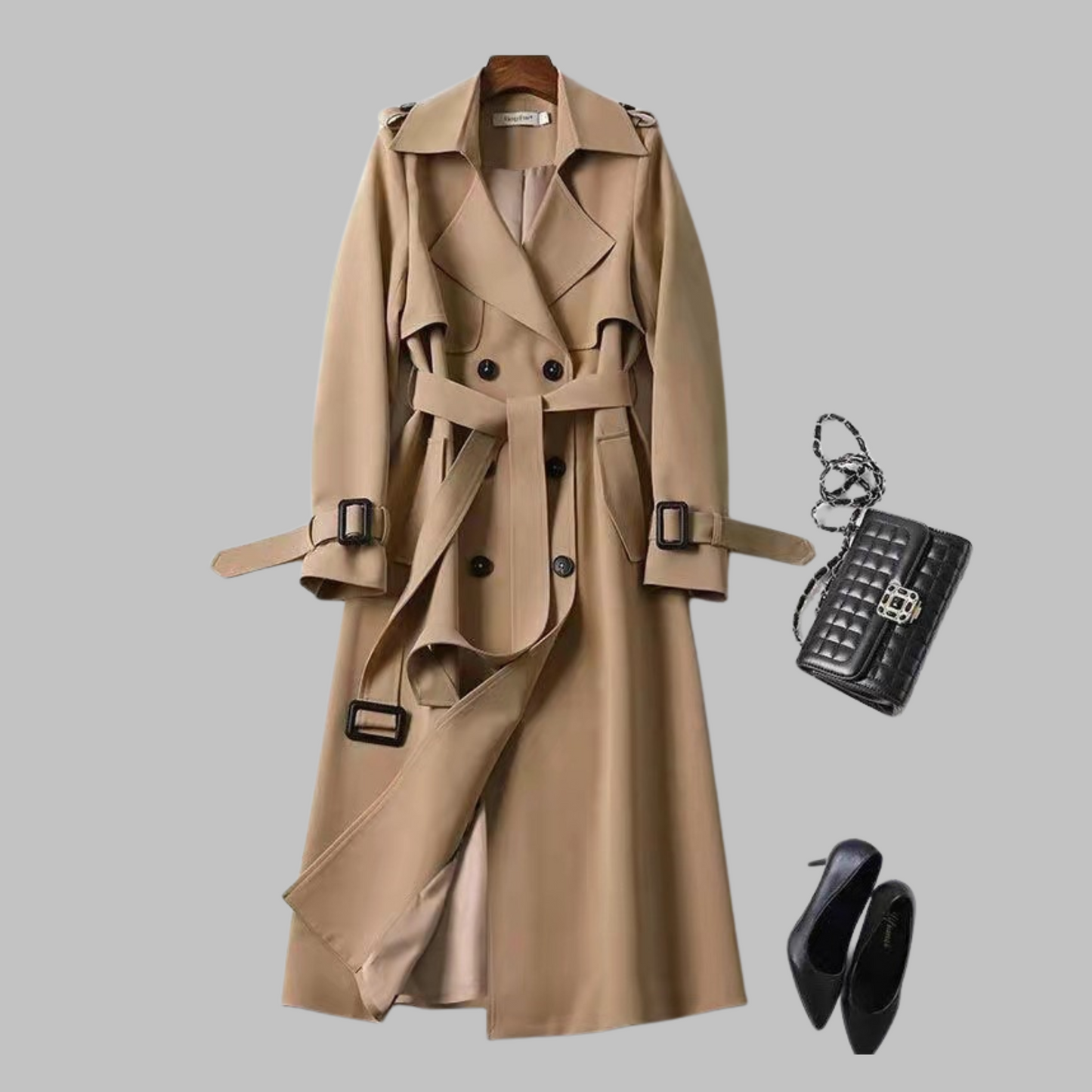 Elegant Double Breasted Trench Coat for Women with Notched Lapel Long Sleeve Belted Flowing Style