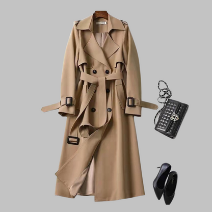 Elegant Double Breasted Trench Coat for Women with Notched Lapel Long Sleeve Belted Flowing Style