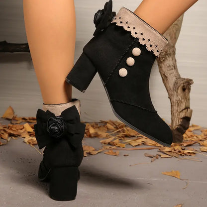 Comfortable Black Boots for Women with Bow Detail Pearl Trim Block Heel Ankle Style