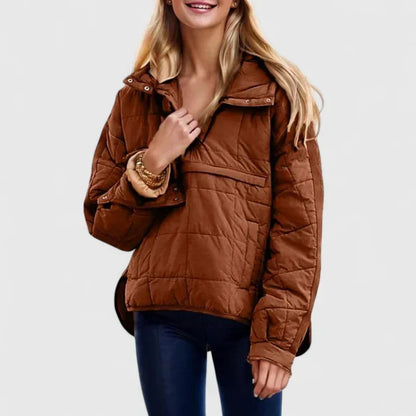 Comfortable Quilted Puffer Jacket for Women with Hooded Long Sleeve Snap Front Oversized Style