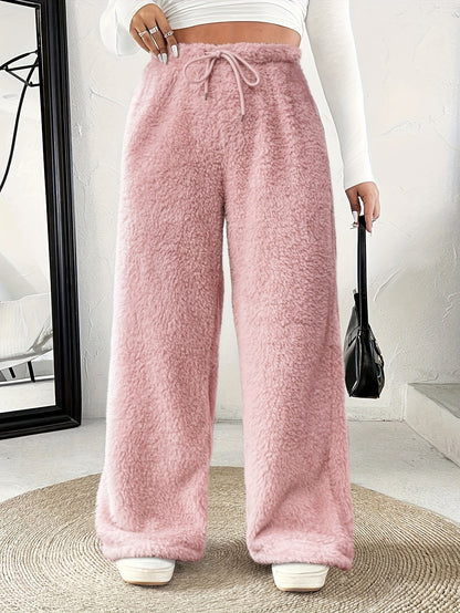 Comfortable Fuzzy Fleece Wide Leg Pants for Women with High Waist Drawstring Relaxed Casual Style