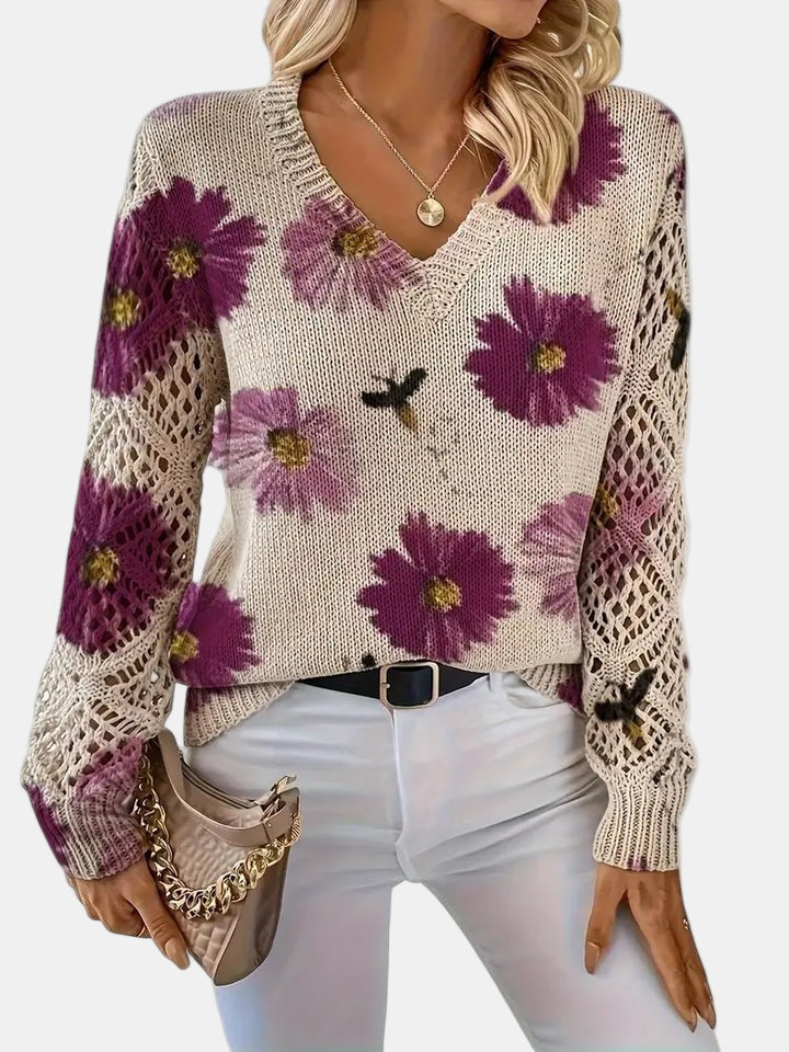 Comfortable Floral Crochet Sweater for Women with V Neck Long Sleeve Relaxed Oversized Knit Style