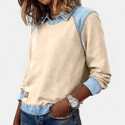 Effortless Denim Trim Sweatshirt for Women with Collar Long Sleeve Raglan Colorblock Casual Style
