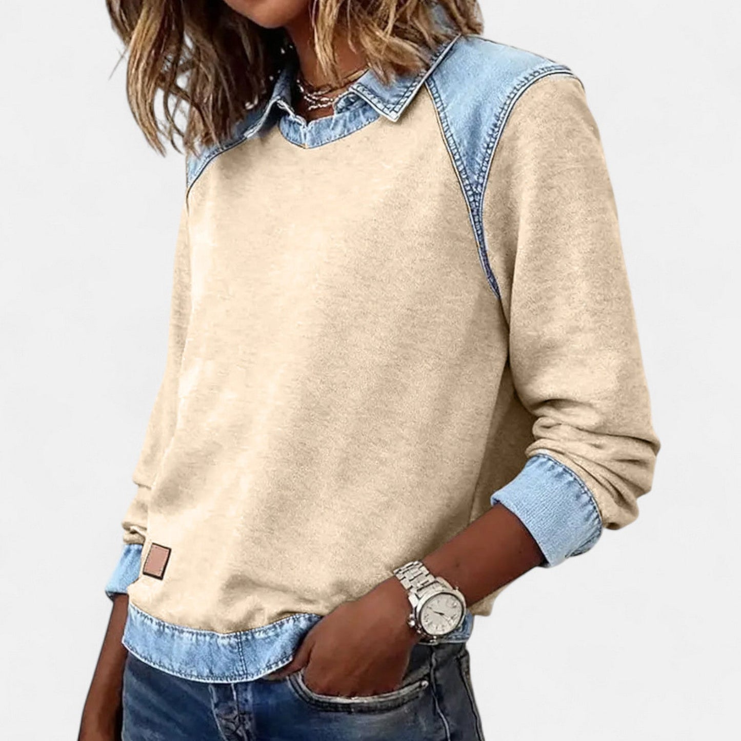 Effortless Denim Trim Sweatshirt for Women with Point Collar Long Sleeve Colorblock Casual Style