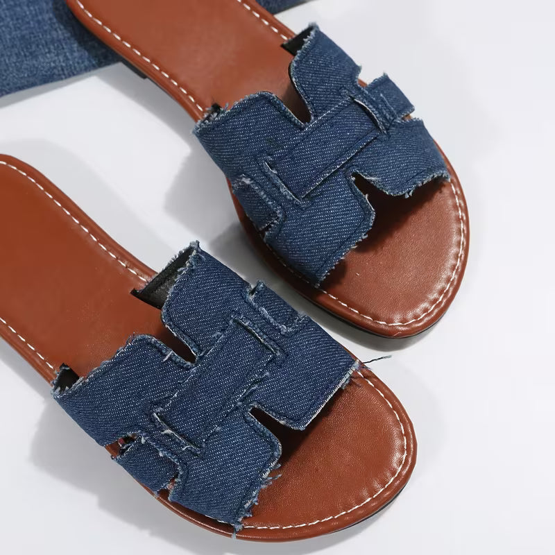 Comfortable Flat Sandals for Women with Cut Out Wide Strap Slip On Open Toe Style