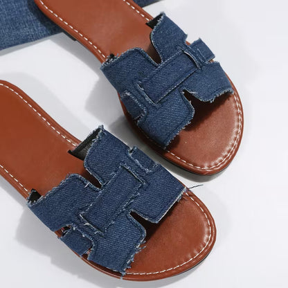 Comfortable Flat Sandals for Women with Cut Out Wide Strap Slip On Open Toe Style