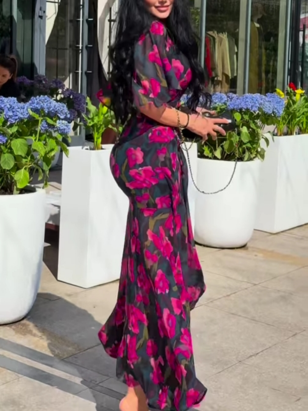 Elegant Black Floral Maxi Dress for Women with V Neck Flutter Sleeve Wrap Belted Mermaid Style