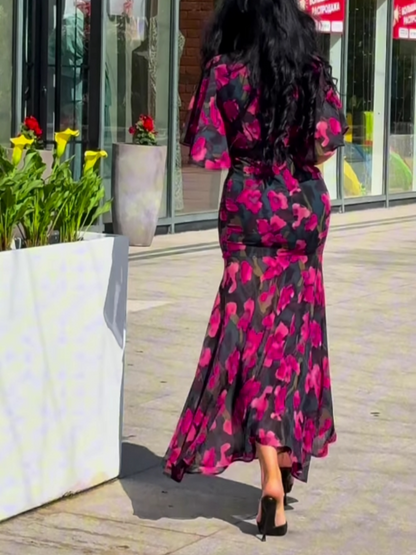 Elegant Black Floral Maxi Dress for Women with V Neck Flutter Sleeve Wrap Belted Mermaid Style