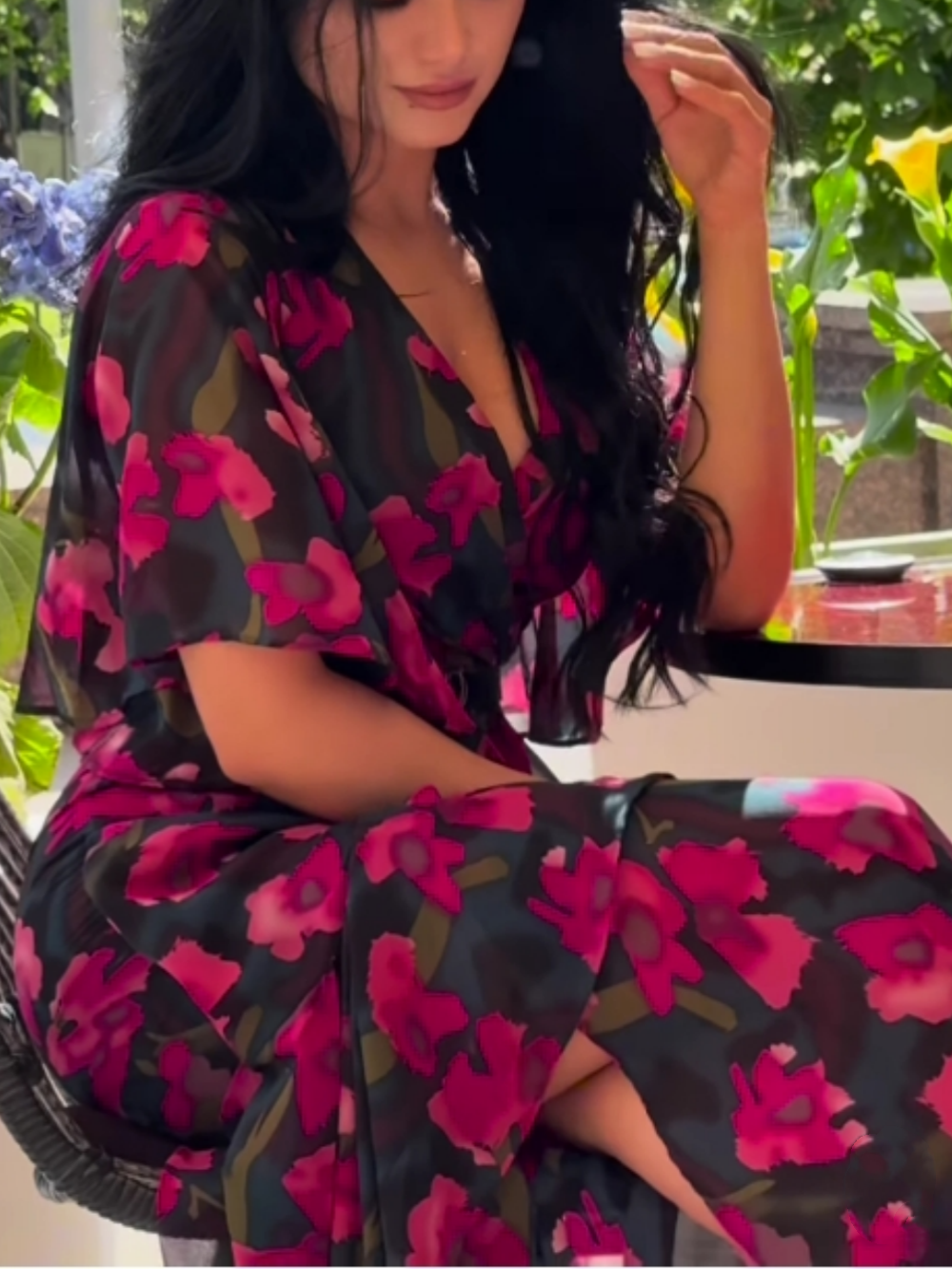 Elegant Black Floral Maxi Dress for Women with V Neck Flutter Sleeve Wrap Belted Mermaid Style