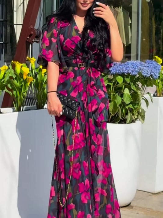 Elegant Black Floral Maxi Dress for Women with V Neck Flutter Sleeve Wrap Belted Mermaid Style