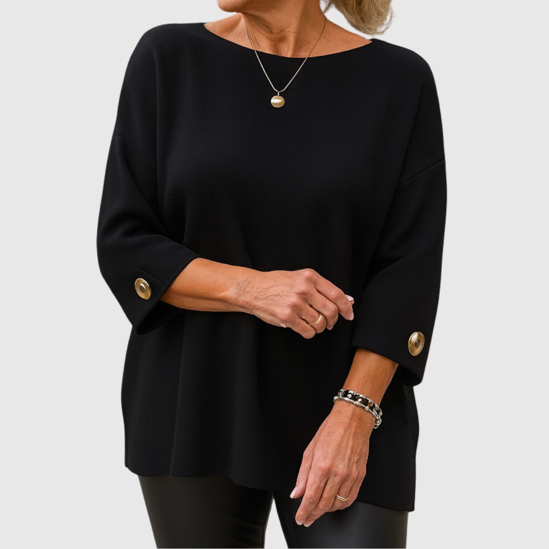 Comfortable Knit Sweater for Women with Boat Neck Elbow Sleeve Button Cuff Oversized Relaxed Style