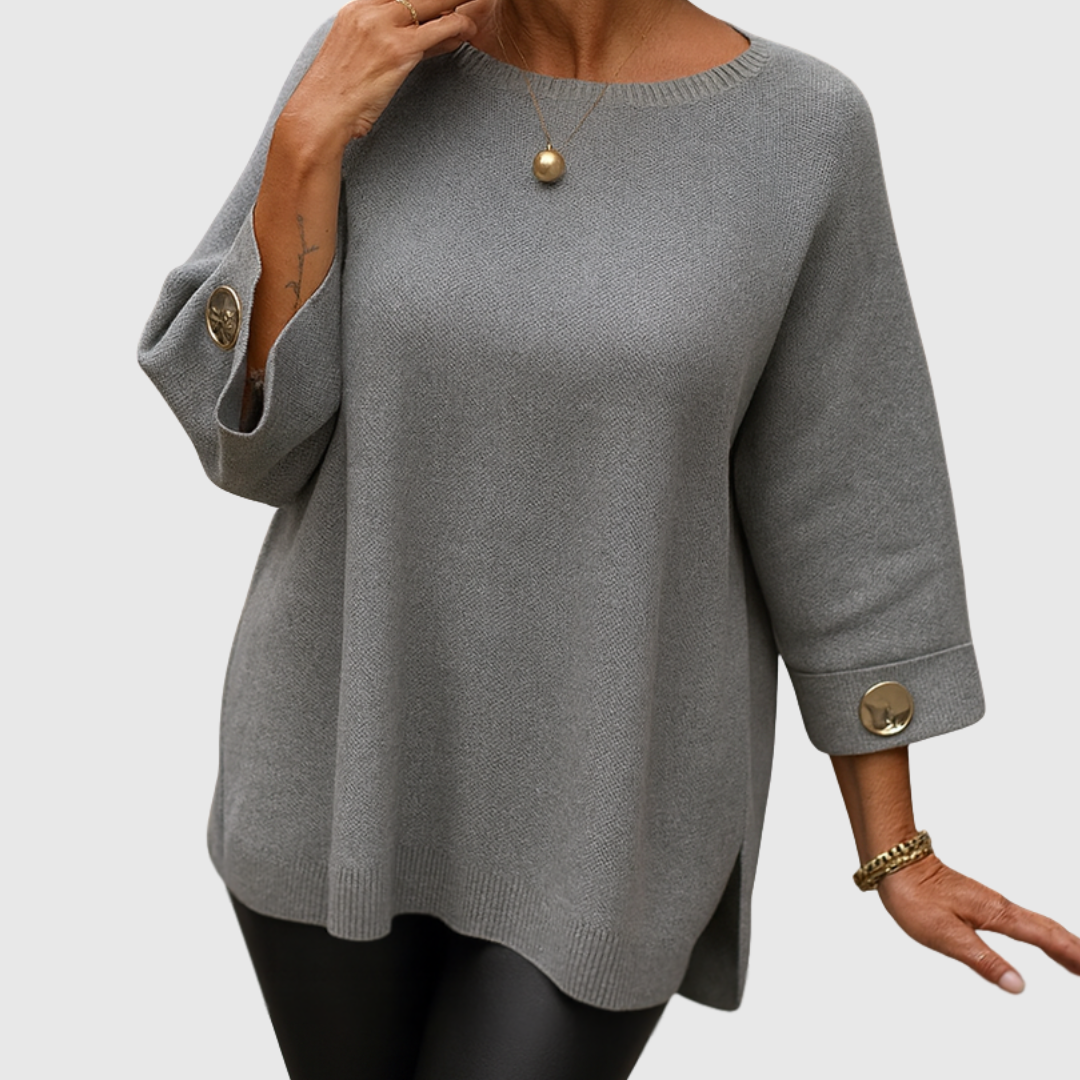 Comfortable Knit Sweater for Women with Boat Neck Elbow Sleeve Button Cuff Oversized Relaxed Style