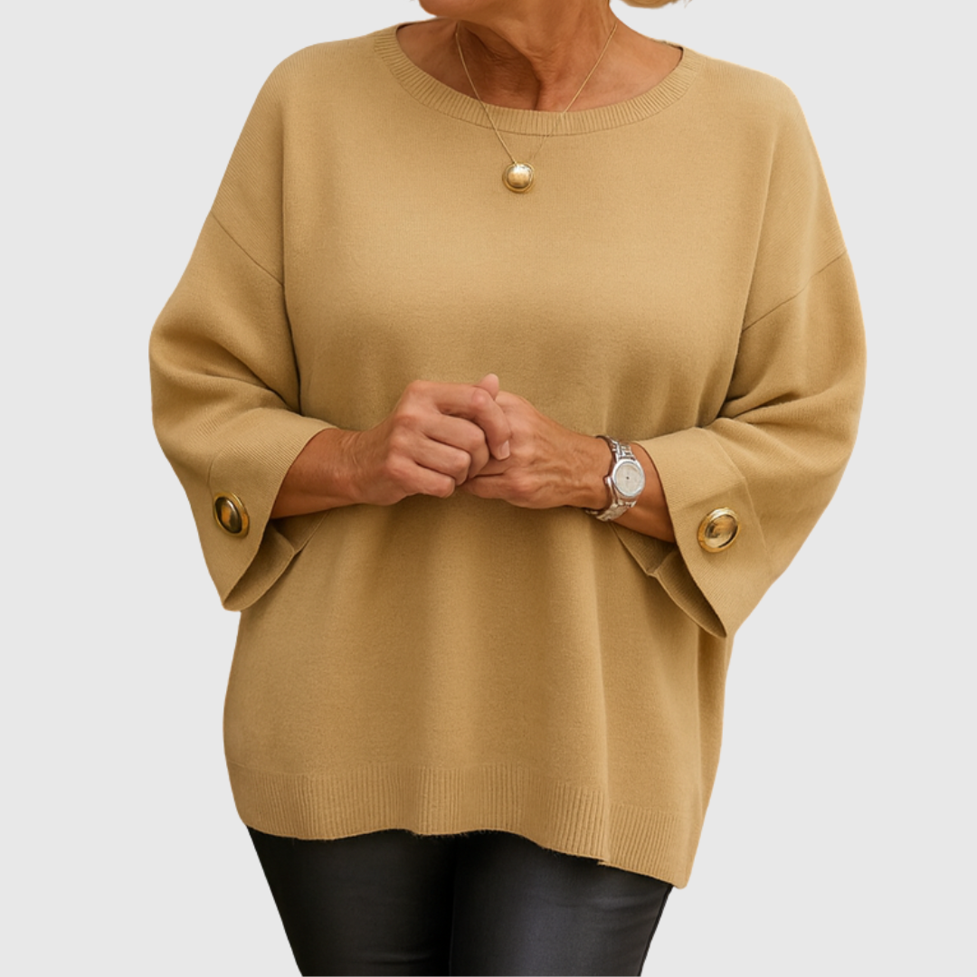 Comfortable Knit Sweater for Women with Boat Neck Elbow Sleeve Button Cuff Oversized Relaxed Style