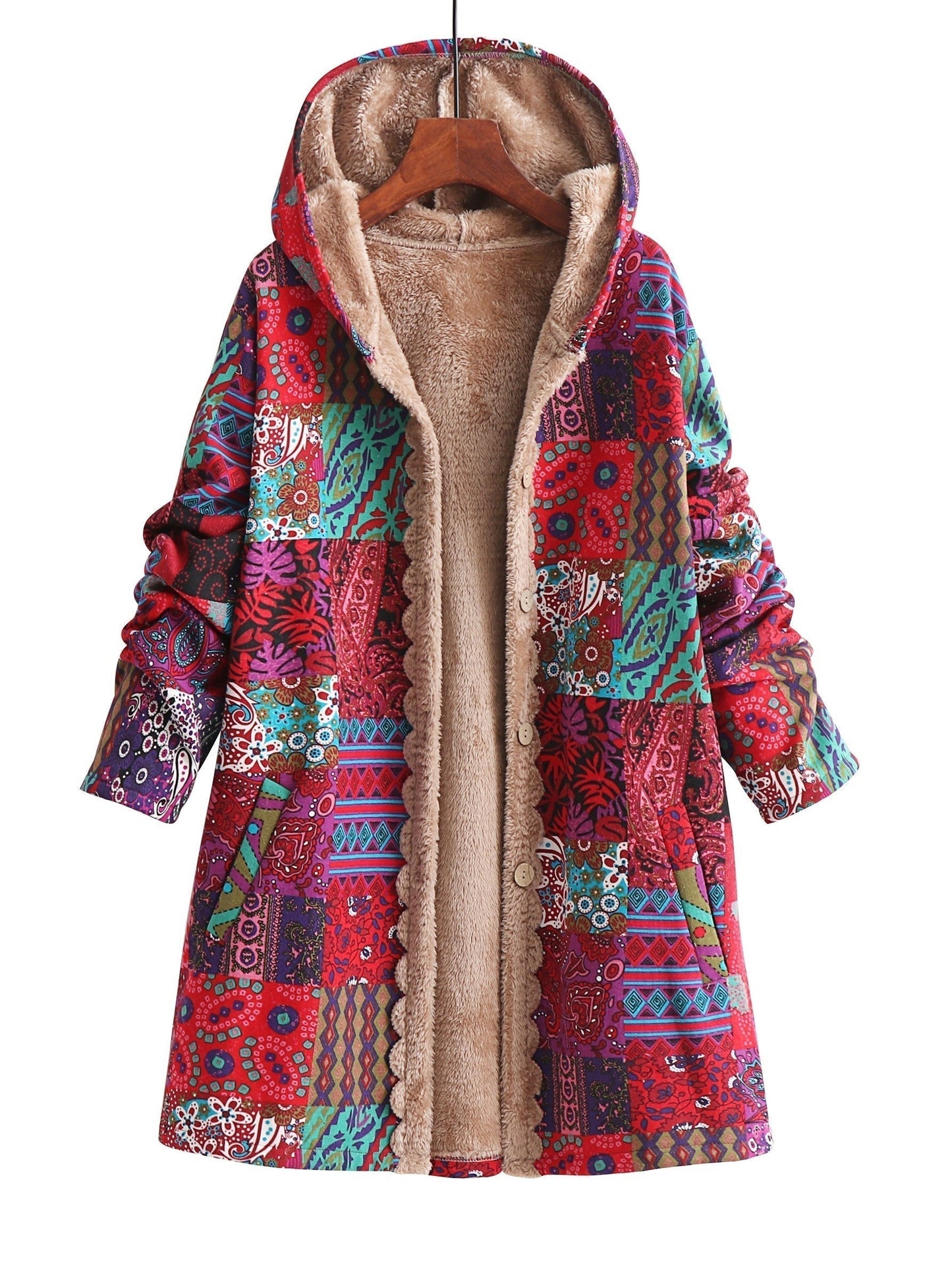 Effortless Patchwork Print Hooded Coat for Women with Fleece Lined Button Front Oversized Bohemian Style