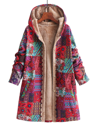 Effortless Patchwork Print Hooded Coat for Women with Fleece Lined Button Front Oversized Bohemian Style