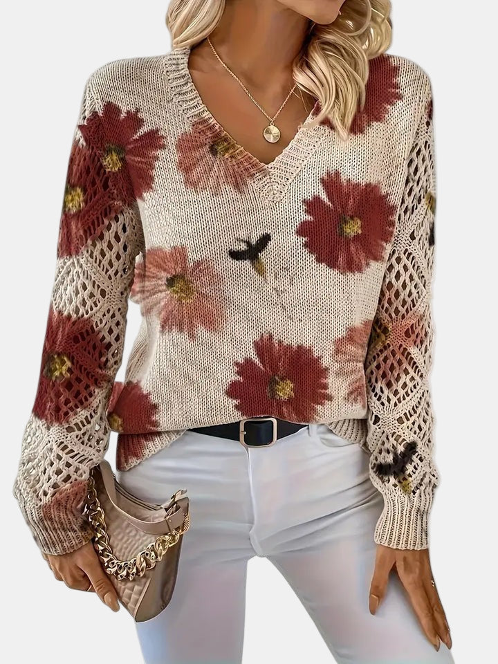 Comfortable Floral Print Sweater for Women with V Neck Long Sleeve Crochet Panel Oversized Knit Style