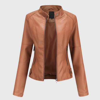 Elegant Leather Moto Jacket for Women with Stand Collar Long Sleeve Quilted Fitted Style