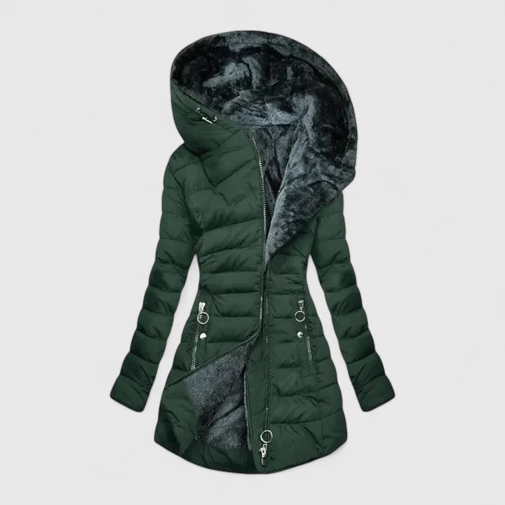 Comfortable Quilted Puffer Jacket for Women with Hooded Long Sleeve Faux Fur Trim Casual Style