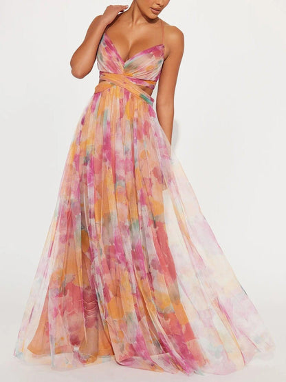 Elegant Watercolor Floral Maxi Dress for Women with V Neck Spaghetti Strap Crisscross Waist Wedding Guest Style