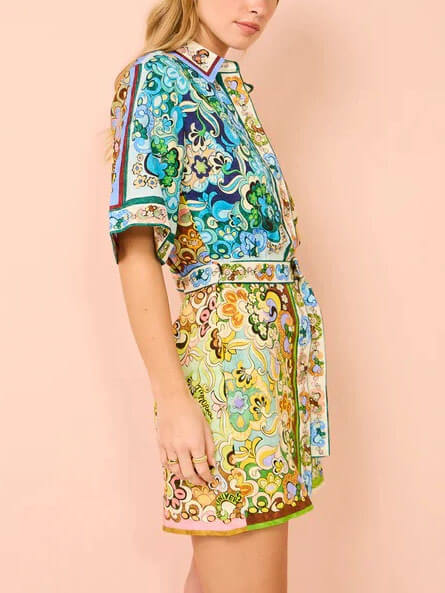 Elegant Multicolor Paisley Print Mini Dress for Women with Collared Short Sleeve Belted Retro Style