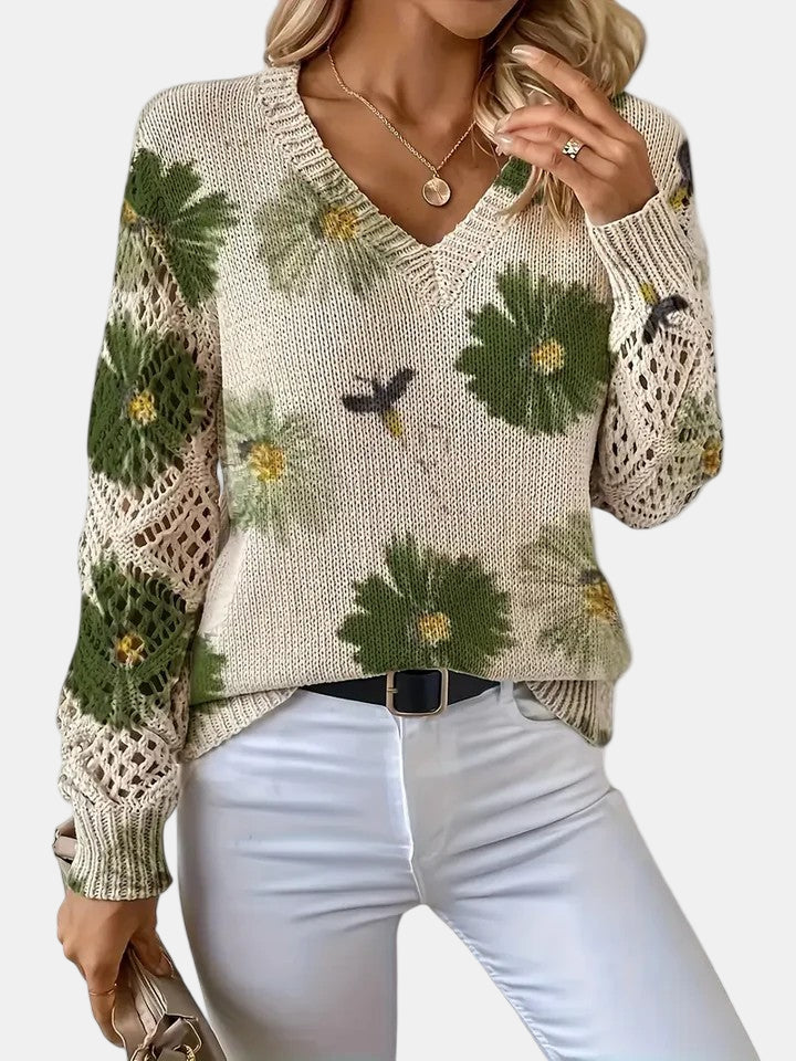 Comfortable Floral Print Sweater for Women with V Neck Long Sleeve Crochet Panel Oversized Knit Style