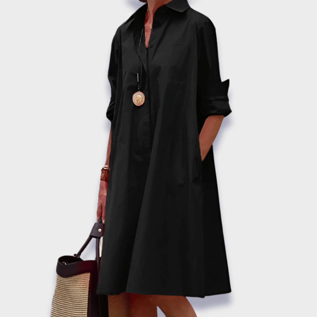 Effortless Cotton Shirt Dress for Women with Collar Long Sleeve Trapeze Midi Style
