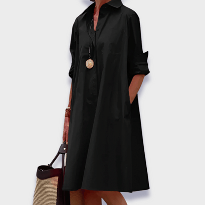 Effortless Cotton Shirt Dress for Women with Collar Long Sleeve Trapeze Midi Style
