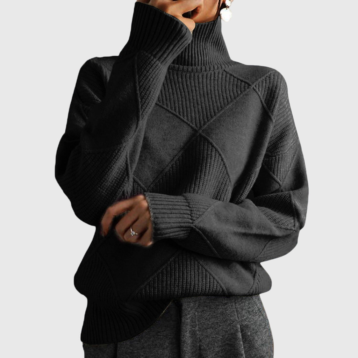 Comfortable Ribbed Knit Sweater for Women with High Neck Long Sleeve Oversized Relaxed Style