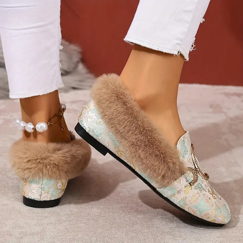 Comfortable Beige Mules for Women with Faux Fur Trim Buckle Detail Slip On Style