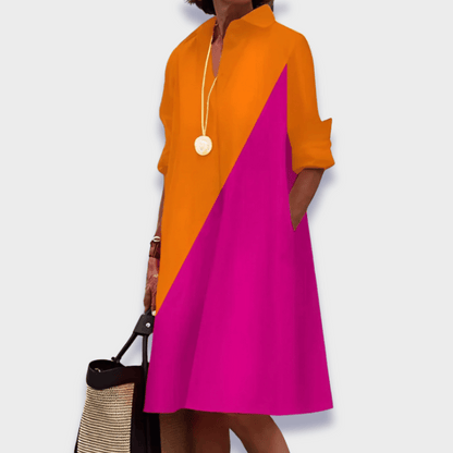 Effortless Cotton Shirt Dress for Women with Collar Long Sleeve Trapeze Midi Style