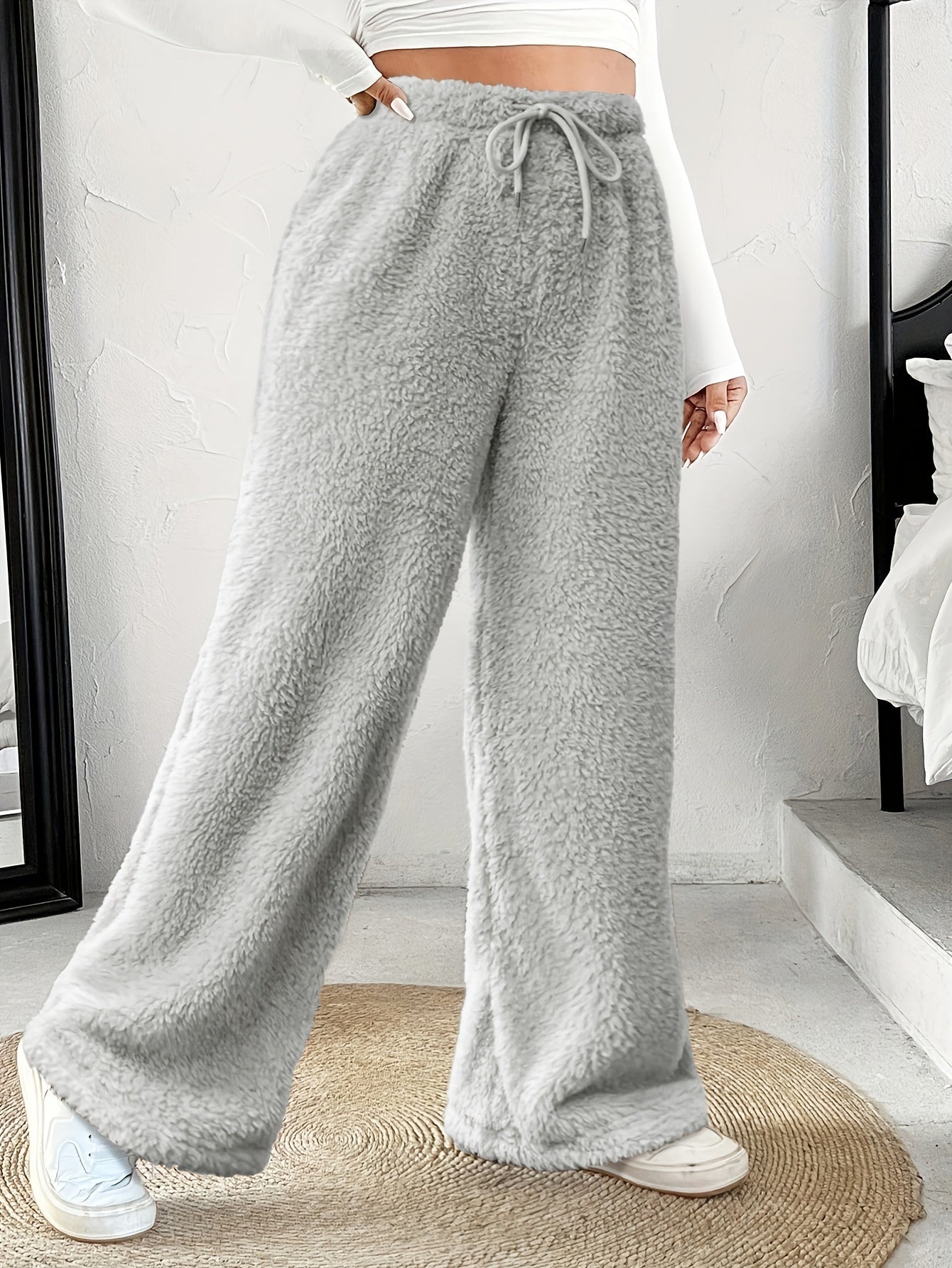 Comfortable Fuzzy Fleece Wide Leg Pants for Women with High Waist Drawstring Relaxed Casual Style