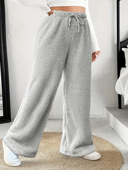 Comfortable Fuzzy Fleece Wide Leg Pants for Women with High Waist Drawstring Relaxed Casual Style