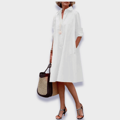 Effortless Cotton Shirt Dress for Women with Collar Long Sleeve Trapeze Midi Style