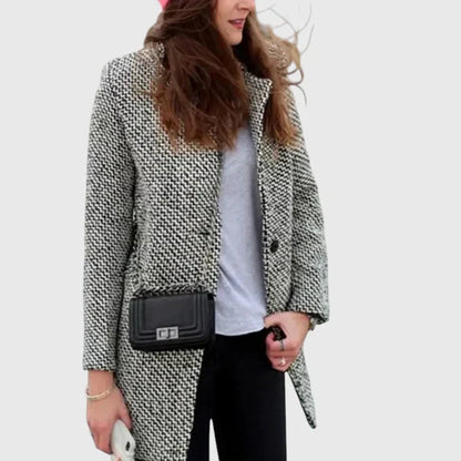 Elegant Gray Houndstooth Tweed Coat for Women with Notched Lapel Long Sleeve Longline Relaxed Style
