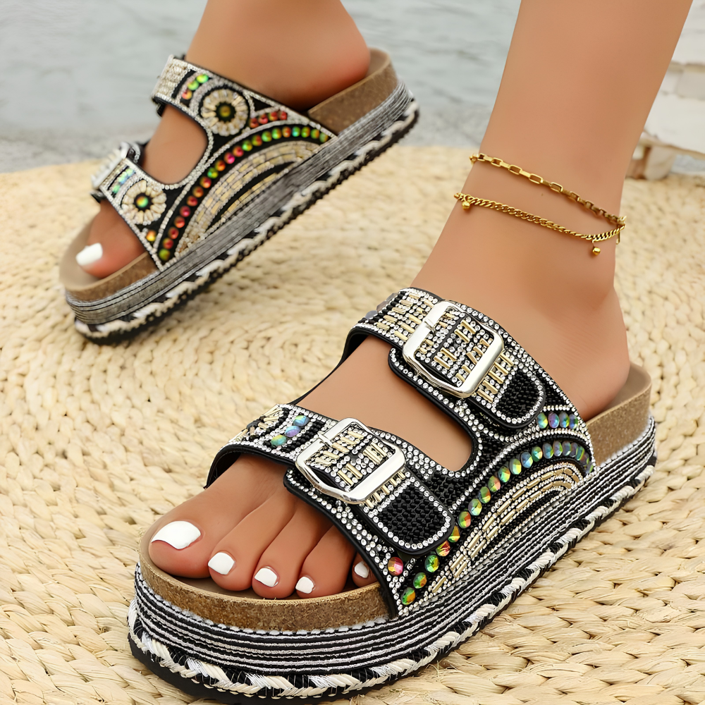Comfortable Slide Sandals for Women with Printed Double Buckle Strap Platform Open Toe Style