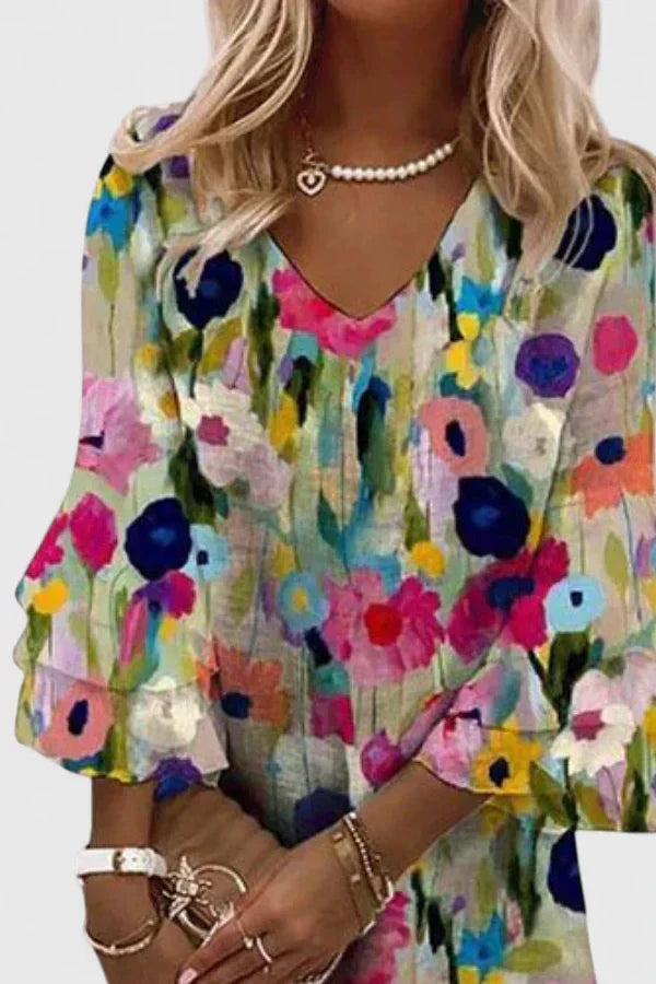 Elegant Multicolor Floral Mini Dress for Women with V Neck Flutter Sleeve Tiered Ruffle Flowing Style