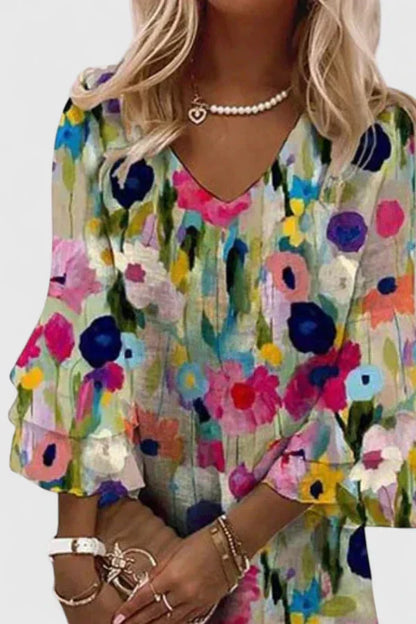 Elegant Multicolor Floral Mini Dress for Women with V Neck Flutter Sleeve Tiered Ruffle Flowing Style