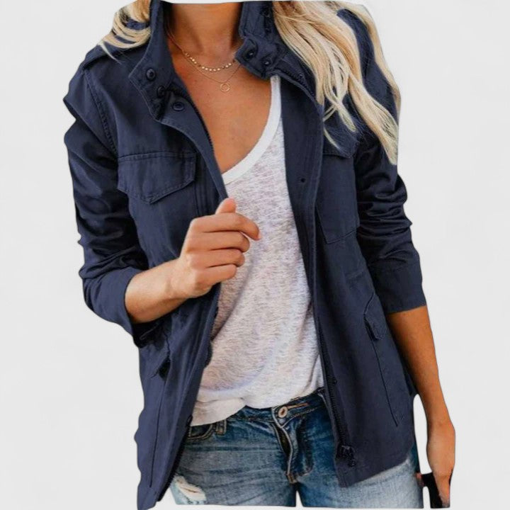 Effortless Utility Jacket for Women with Stand Collar Long Sleeve Snap Button Flap Pocket Casual Style