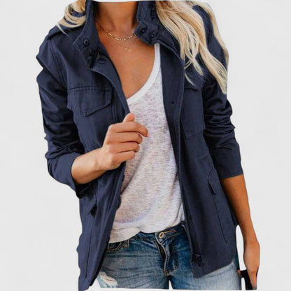 Effortless Utility Jacket for Women with Stand Collar Long Sleeve Snap Button Flap Pocket Casual Style